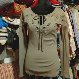 Free People camo green embroidered crochet detail knit top